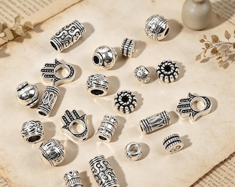Vintage Tibetan Silver Beads, Antique Hamsa Hand & Textured Barrel Charms, Boho Ethnic Jewelry Making Supplies, Spiritual Craft Gift