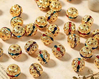 Gilded Filigree Rhinestone Spacer Beads, Gold Metal Charm Findings, Ornate Beaded Craft Supply, Jewelry Making Component, Gift for Her