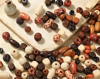 Natural Wooden Loose Beads Mix, Unfinished Wood Spacer Beads, Boho Supplies for DIY Jewelry Making, Macrame and Bracelet Findings