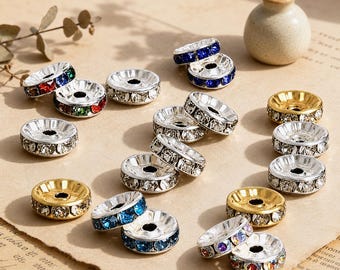 100pcs Rondelle Rhinestone Spacer Beads, Gold & Silver Plated Crystal Metal Beads, Assorted Sizes Jewelry Making Supplies, DIY Craft Gift