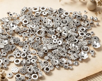 Silver Tone Metal Beads/Charms Assortment, Vintage Style Spacer Mix, Various Shapes for DIY Crafting, Wholesale Jewelry Making Supplies