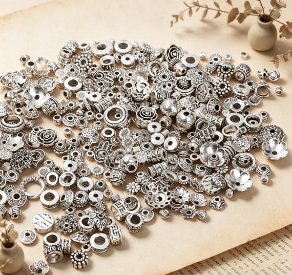 50g Silver Tone Metal Beads/Charms Assortment, Vintage Style Spacer Mix, Various Shapes for DIY Crafting, Wholesale Jewelry Making Supplies