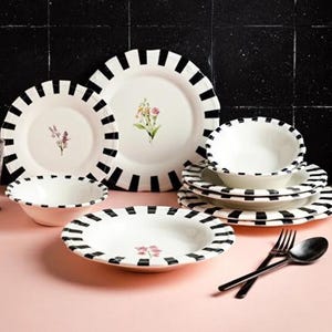 Black White Dinnerware Set for 6, Striped Plate Set with Floral Center, Modern Minimal Porcelain Dishes, 24 Piece Kitchen Set
