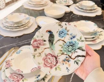 Juego de vajilla de porcelana floral para 6 personas, platos vintage con pájaros y flores, elegante juego de vajilla de 24 piezas, decoración de cocina estilo cottagecore