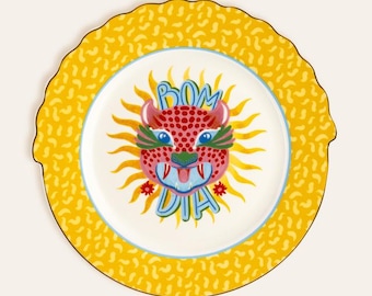 Plato de postre de porcelana fina New Bone China – Vajilla con detalles dorados maximalistas (20 cm)