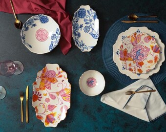 Vajilla ecléctica de porcelana para 6 personas, 27 piezas, estilo bohemio artístico.