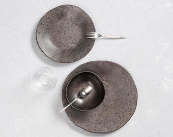 Vajilla de gres, platos rústicos moteados, vajilla de forma orgánica, vajilla moderna, juego de vajilla para 4 personas, platos de estilo artesanal