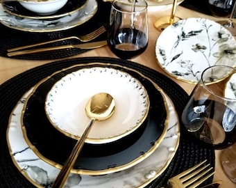 Juego de vajilla de porcelana negra de 58 piezas, platos con borde dorado y diseño floral, vajilla de lujo moderna.