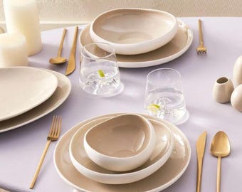 Vajilla de gres blanco de 55 piezas para 12 personas – Vajilla beige moderna