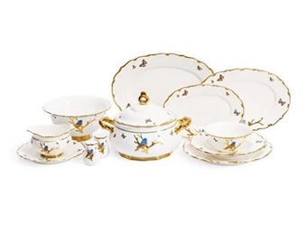 Vajilla de lujo de porcelana de 77 piezas para 12 personas – Diseño de pájaros con borde dorado. Colección elegante para mesas finas.