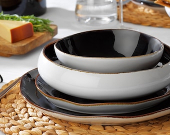 Juego de vajilla negra para 6 personas, juego de vajilla de porcelana de 24 piezas, juego de platos minimalista moderno, vajilla de cocina negra, regalo de inauguración de casa
