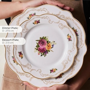 Luxury Bone China Dinnerware Set for 6, 24 Piece Porcelain Plate Set, Vintage Floral Gold Rim, Elegant Wedding Gift