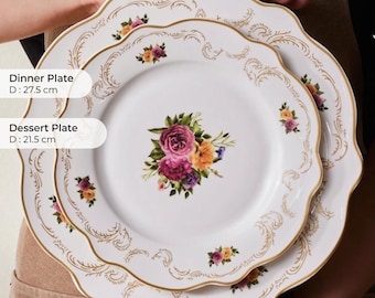 Juego de vajilla de porcelana fina de lujo para 6 personas, juego de 24 platos de porcelana, borde dorado con diseño floral vintage, elegante regalo de boda.