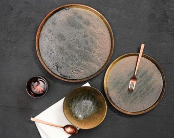 Juego de vajilla de gres, platos y cuencos rústicos moteados, vajilla moderna orgánica