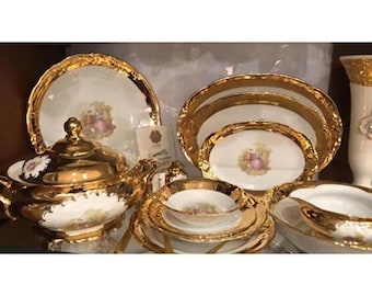 Vajilla artesanal chapada en oro auténtico de 24 quilates, juego de vajilla de porcelana italiana de lujo para 12 personas, vajilla real vintage, juego de porcelana fina de 74 piezas.