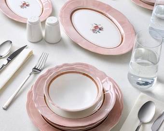 Juego de vajilla de porcelana rosa para 6 personas, juego de 30 platos florales, vajilla elegante vintage, juego de vajilla rosa