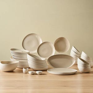 Irregular Stoneware Dinner Set for 12 – 55 Piece Organic Shape Dinnerware, Cream Minimalist Ceramic Plates & Bowls