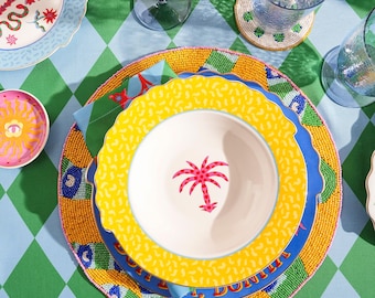 Bol de sopa de porcelana maximalista de 23 cm – Palmera, borde amarillo, vajilla moderna