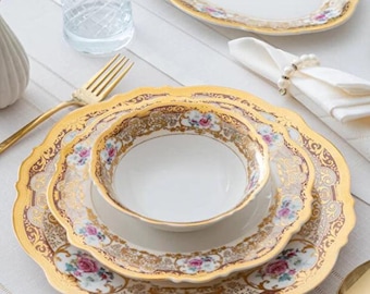 Juego de vajilla de porcelana de 60 piezas – Borde dorado, diseño floral, porcelana fina para 12 personas