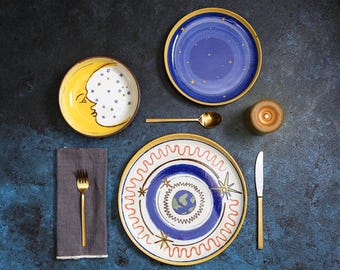 Juego de vajilla de porcelana Celestial, platos con diseño de luna y estrellas, vajilla artística (juego de 12 piezas)