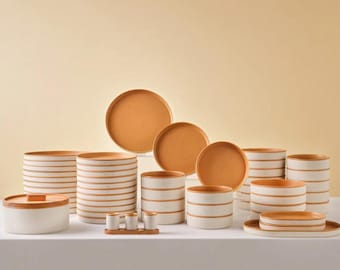 Juego de vajilla de gres con forma orgánica para 12 personas – Juego de vajilla asimétrica de cerámica beige de 57 piezas