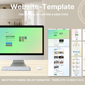 May include: A computer monitor showing a website template with the text "Website-Template" and "PIXEL BUILDER". The screen displays different website design layouts. The text "FÜR AUFBAU, MARKETING & KREATIVES" and "NICHT IN STUNDEN, NICJHT MONATEN TEMPLATE VIA BOLT.NEW" are also visible.
