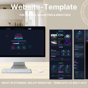 Könnte beinhalten: Ein Computermonitor, der eine Website-Vorlage mit einem dunkelblauen und rosa Farbschema anzeigt. Das Webdesign enthält den Text "Website-Template" und "Digital Artistry". Eine Tastatur und eine Maus befinden sich auf dem Schreibtisch.