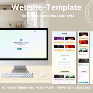 Könnte beinhalten: Ein Computermonitor, der eine Website-Vorlage mit dem Text "Website-Template" und "Welcome to PixelPoint" anzeigt. Das Webdesign umfasst Bereiche für Spiele, Studioinformationen, einen Entwicklungsblog und Kontaktdaten. Eine Tastatur und eine Maus befinden sich vor dem Monitor.