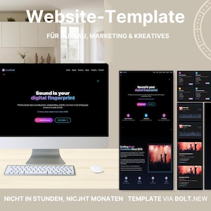 Może przedstawiać: Monitor komputera wyświetlający szablon strony internetowej z tekstem "Website-Template" i "Sound is your digital fingerprint". Projekt strony internetowej ma ciemne tło z kolorowymi akcentami. Widoczna jest klawiatura i mysz.