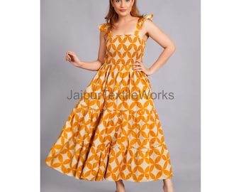 Hand Block Printed Cotton Dress, Indian Cotton Gown, Summer Beach Wear
