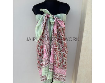 Floral Cotton Sarong Wrap: Hand Block Printed Beach Cover-Up