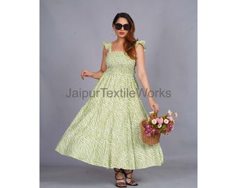 Floral Block Print Cotton Midi Dress, Indian Summer Dress
