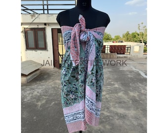 Hand Block Printed Cotton Sarong: Beach Wrap, Pareo Cover-Up
