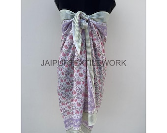 Floral Cotton Sarong Wrap: Hand Block Printed Beach Cover-Up