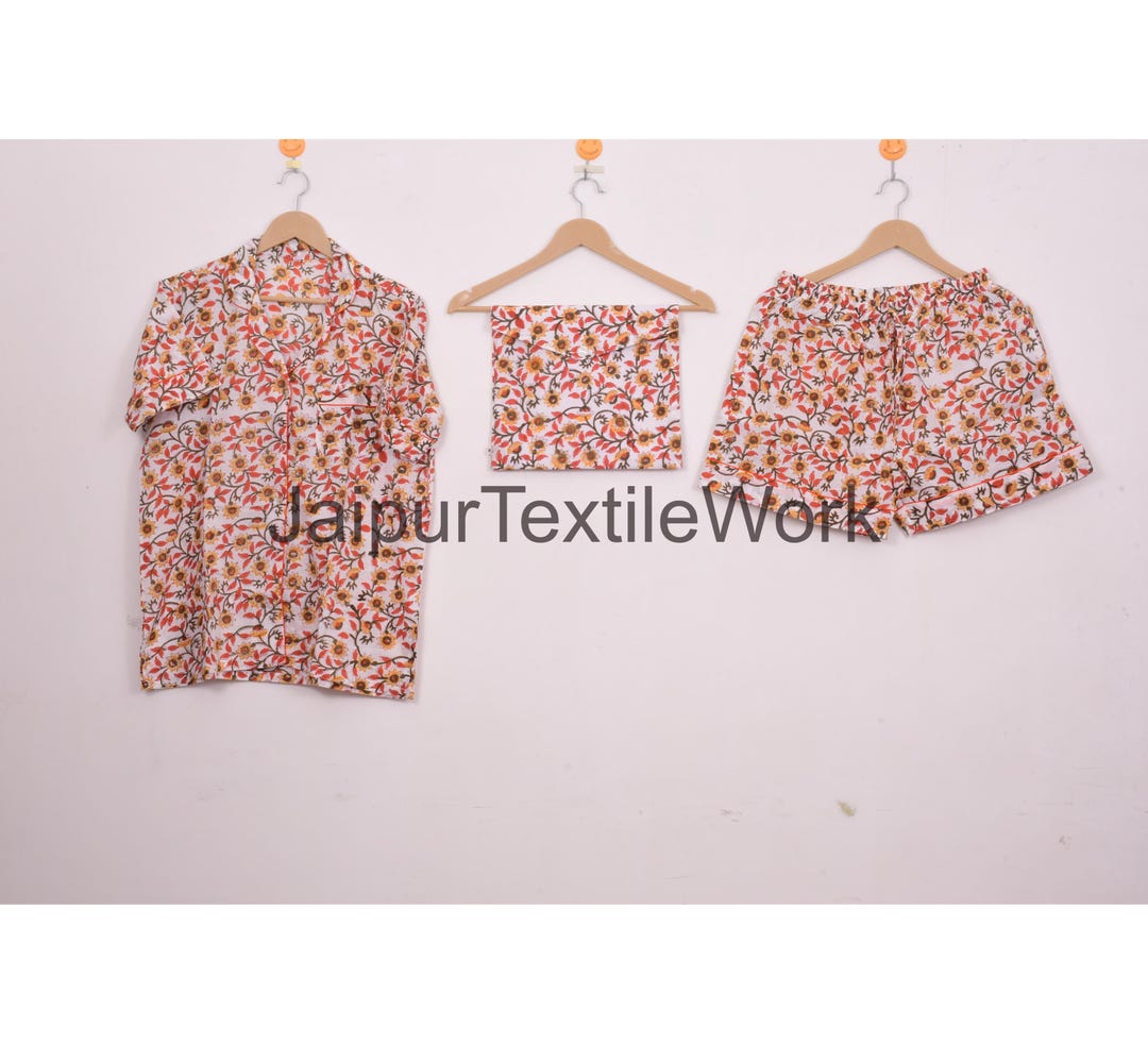 Hand Block Print Cotton Pajama Set: Indian Floral Short Pjs - Etsy