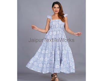 Floral Block Print Cotton Midi Dress, Indian Summer Dress