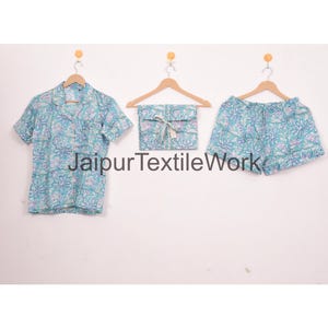 Indiase 100% katoenen korte pyjamabroek/short, katoenen pyjamabroek voor dames/zomernachtjurk, cadeau voor haar/handblok korte katoenen pyjamaset,