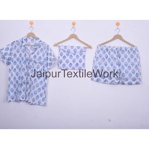 Korte katoenen pyjamaset met handblok, katoenen pyjamabroek voor dames, Indiase korte broek 100% katoen, pyjamashort, zomernachtkleding, katoenen nachthemd