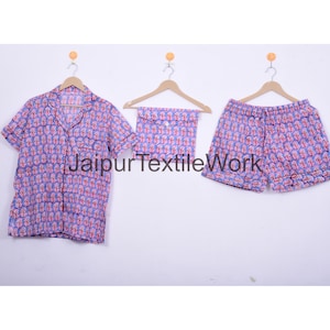 Katoenen damespyjamabroek, Jaipur handblok korte katoenen pyjamaset, Indiase katoenen korte broek, korte pyjamabroek, zomeravondjurk, cadeau voor haar