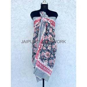 Hand Block Printed Cotton Sarong/Blue & White Beach Cover-Up/Lightweight Summer Wrap Shawl/Boho Resort Wear/ Indian Pareo Scarf size 72X44
