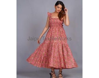 Floral Hand Block Print Cotton Dress: Summer Beach Wear