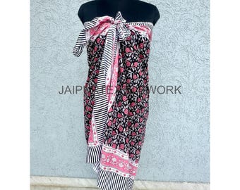 Floral Cotton Sarong: Hand Block Printed Beach Cover-Up