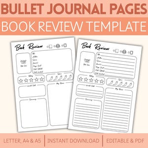 Book Review Template for Reader Bullet Journal Pages Printable Reading Review Sheet Editable Gift for Book Lover Bujo Template Tracker PDF