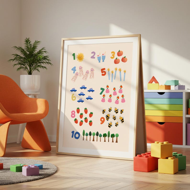 Puede incluir: Un p&oacute;ster educativo enmarcado que presenta los n&uacute;meros del 1 al 10 con ilustraciones correspondientes. Los n&uacute;meros van acompa&ntilde;ados de im&aacute;genes coloridas de un sol, bebidas, manzanas, medusas, velas, coches, fresas, abejas y &aacute;rboles. El p&oacute;ster est&aacute; en un marco claro.