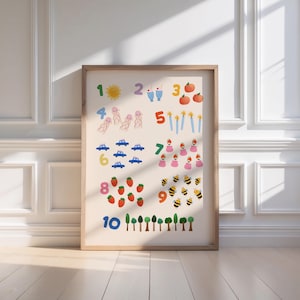 Puede incluir: Una l&aacute;mina educativa enmarcada que muestra los n&uacute;meros del 1 al 10 con ilustraciones correspondientes. La obra de arte incluye un sol, helados, calabazas, medusas, velas, coches, flores, fresas, abejas y &aacute;rboles. La impresi&oacute;n se muestra contra una pared blanca.