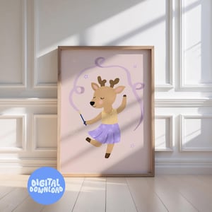 May include: A framed digital print featuring a cartoon deer in a yellow top and purple skirt, holding a wand and ribbon. The deer is dancing on a pink background with stars and bubbles. The frame is a light brown color. The print is labeled "DIGITAL DOWNLOAD" in a blue circle.