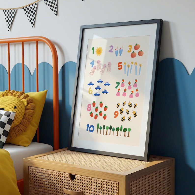 Puede incluir: L&aacute;mina educativa enmarcada con los n&uacute;meros del 1 al 10 y sus ilustraciones correspondientes. Incluye un sol, helados, naranjas, medusas, coches, velas, flores, fresas, abejas y &aacute;rboles. La l&aacute;mina est&aacute; en un marco negro.