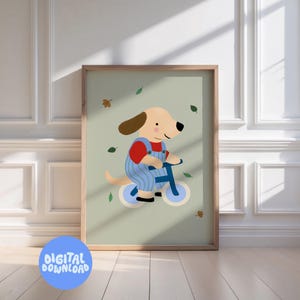 K&ouml;nnte beinhalten: Gerahmter Digitaldruck mit einem Cartoon-Hund auf einem blauen Fahrrad. Der Hund tr&auml;gt ein rotes Hemd und eine blaue Latzhose. Der Hintergrund ist hellgr&uuml;n mit Bl&auml;ttern. Ein blauer Kreis mit "DIGITALER DOWNLOAD" ist unten.