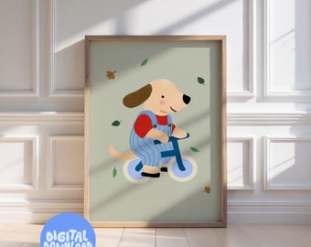 Dog Riding Bike Wall Art Print: Animal Nursery Artwork (Digital Download)