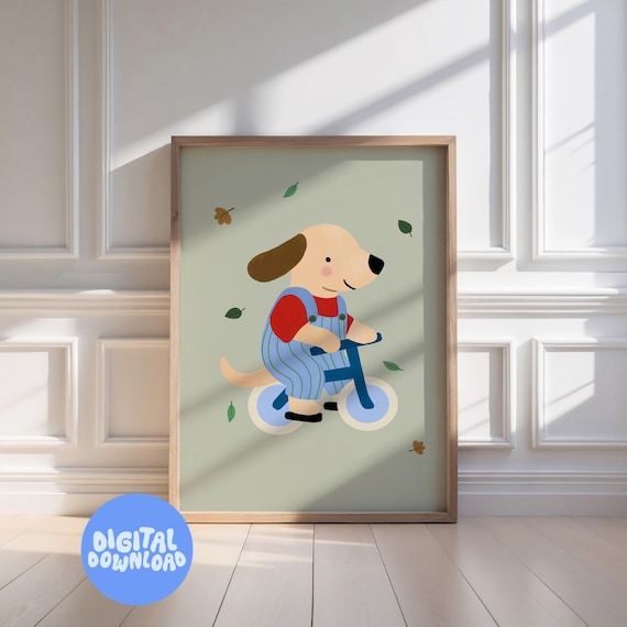 Dog Riding Bike Wall Art Print: Animal Nursery Artwork (Digital Download)